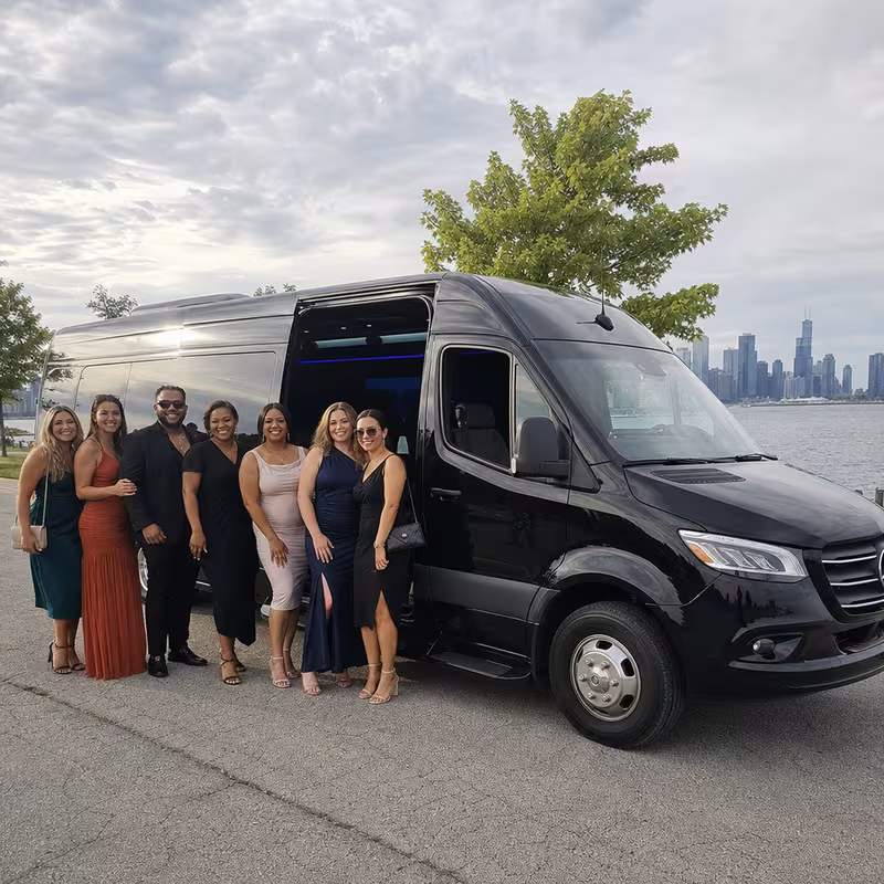 Group beside a Mercedes Sprinter limo from the Chicago fleet