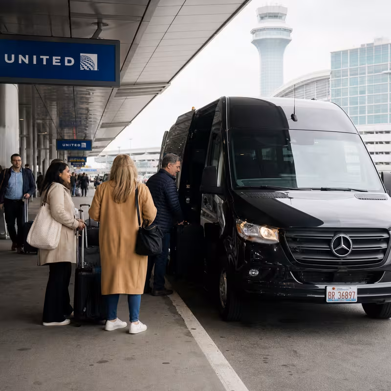 Group boarding a white charter bus for Airport Transportation transportation in Chicago