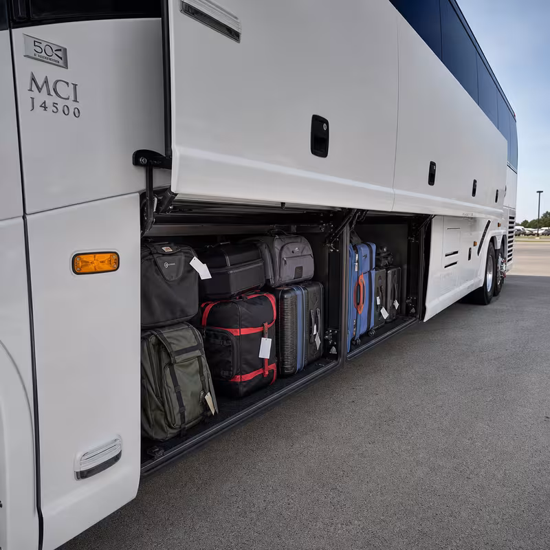 Party bus interior with wraparound leather seating and LED lighting in Chicago