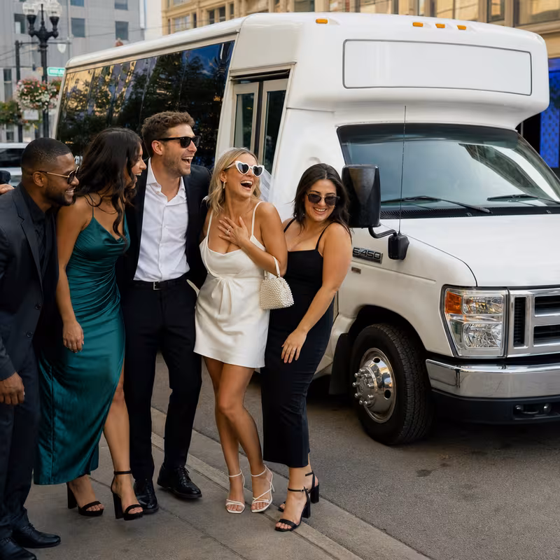 Black Mercedes Sprinter van staged for an Chicago Bachelor & Bachelorette Transportation group