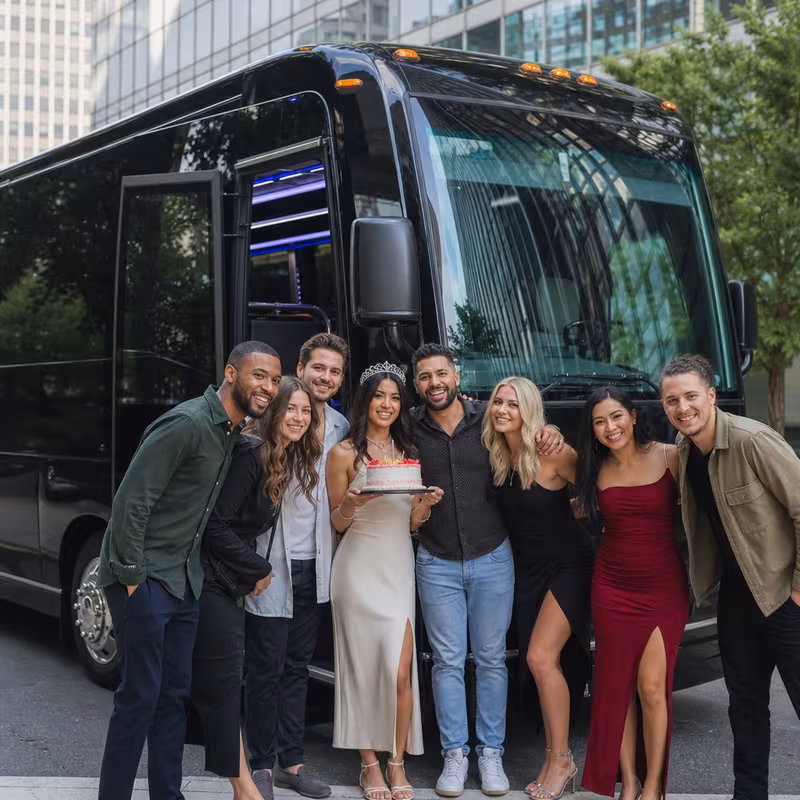 Party bus interior with wraparound leather seating and LED lighting in Chicago