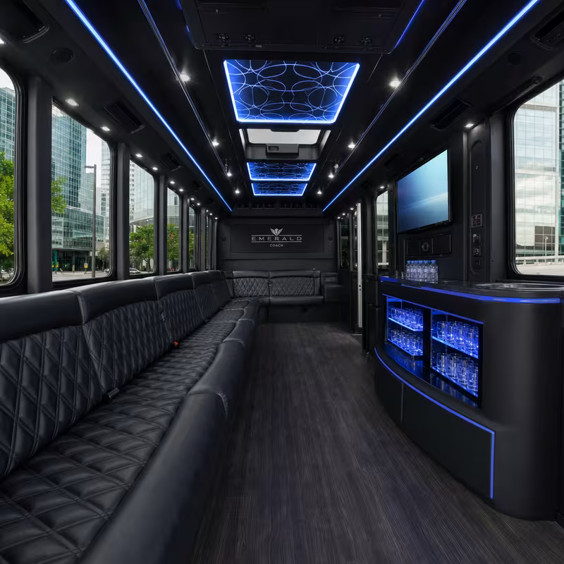 Party bus interior with wraparound leather seating and LED lighting in Chicago