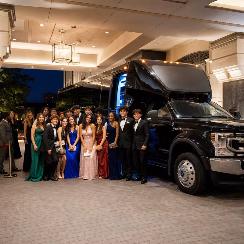 Party bus interior with wraparound leather seating and LED lighting in Chicago