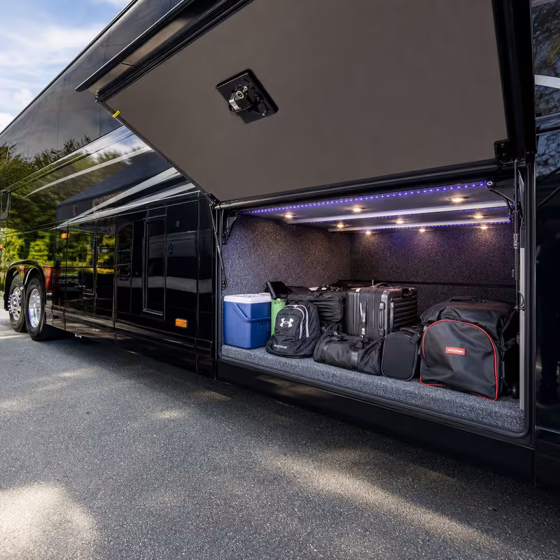 Party bus interior with wraparound leather seating and LED lighting in Chicago